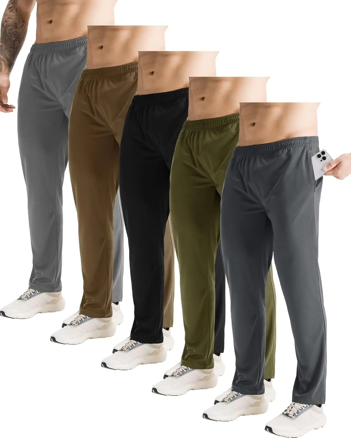 5 Pack Athletic Workout Open Bottom Pants with Zipper Pockets Gym Jogger Pants Running Sweatpants for Men