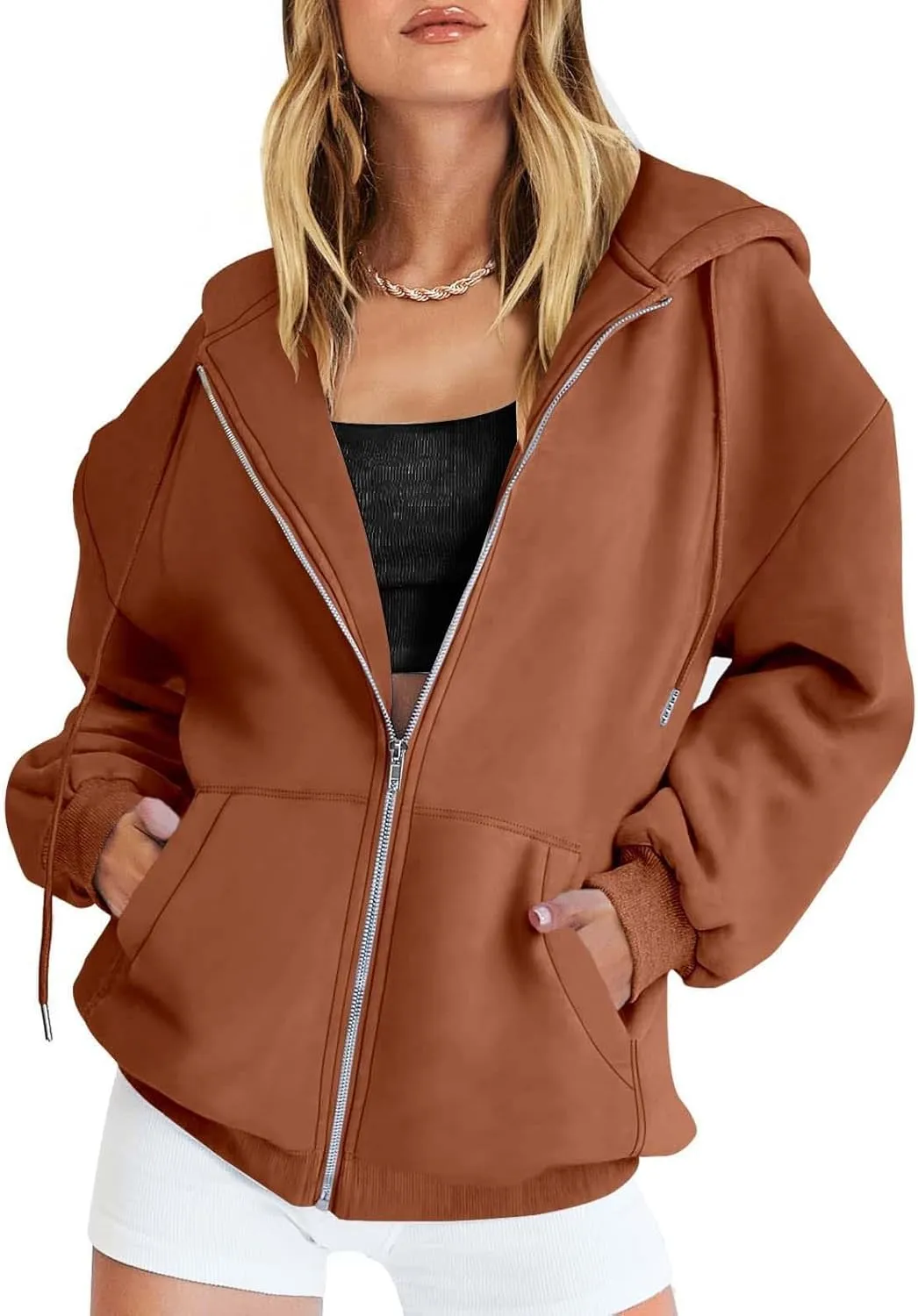 ADJHDFH Women's Fall Jacket Oversized Pocket Sweatshirt Casual Drawstring Clothing Zipper Track Jacket Solid Tech Wear