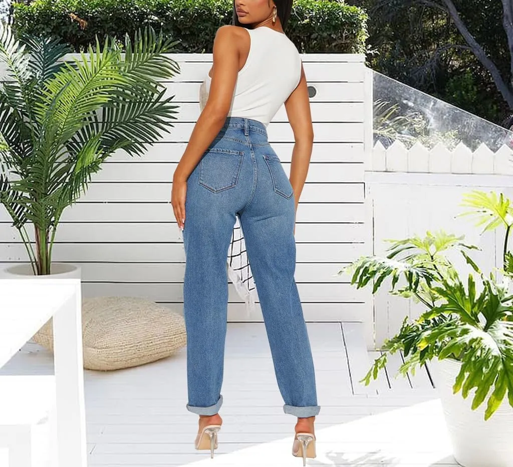BessCops Women's Boyfriend Jeans Stretchy Ripped Distressed Denim Mom Jean Pants