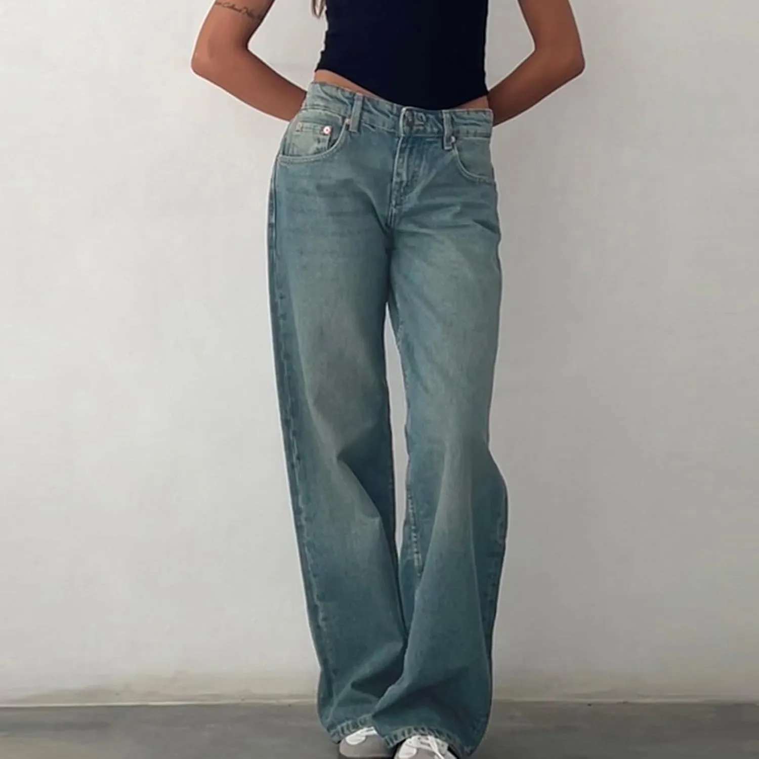 Bidobibo Jeans for Women Trendy Bootcut High Waisted Stretchy Straight Leg Jeans Buttoned Loose Denim Pants Wide Leg Trousers