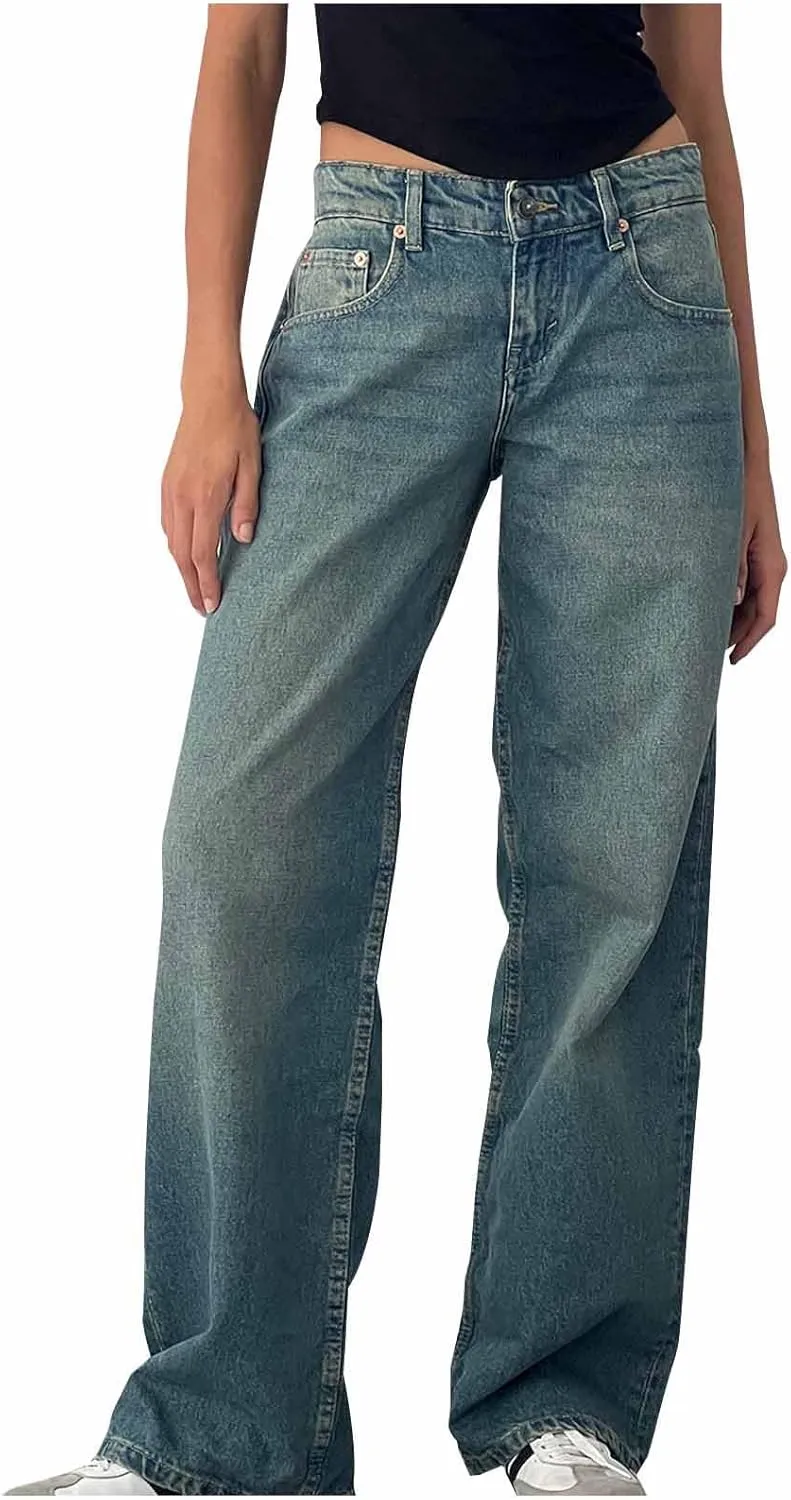 Bidobibo Jeans for Women Trendy Bootcut High Waisted Stretchy Straight Leg Jeans Buttoned Loose Denim Pants Wide Leg Trousers