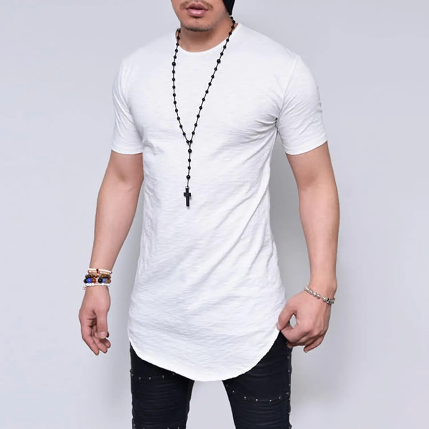 Big and Tall Mens Tshirts Casual Hipster Longline Extra Long Shirts Curve Hem Tees Gym Workout Muscle Shirts Tops