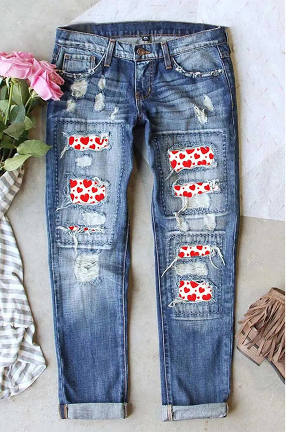 Boyfriend Jeans for Women Heart Patch Ripped Distressed Summer Straight Trousers Denim Pants
