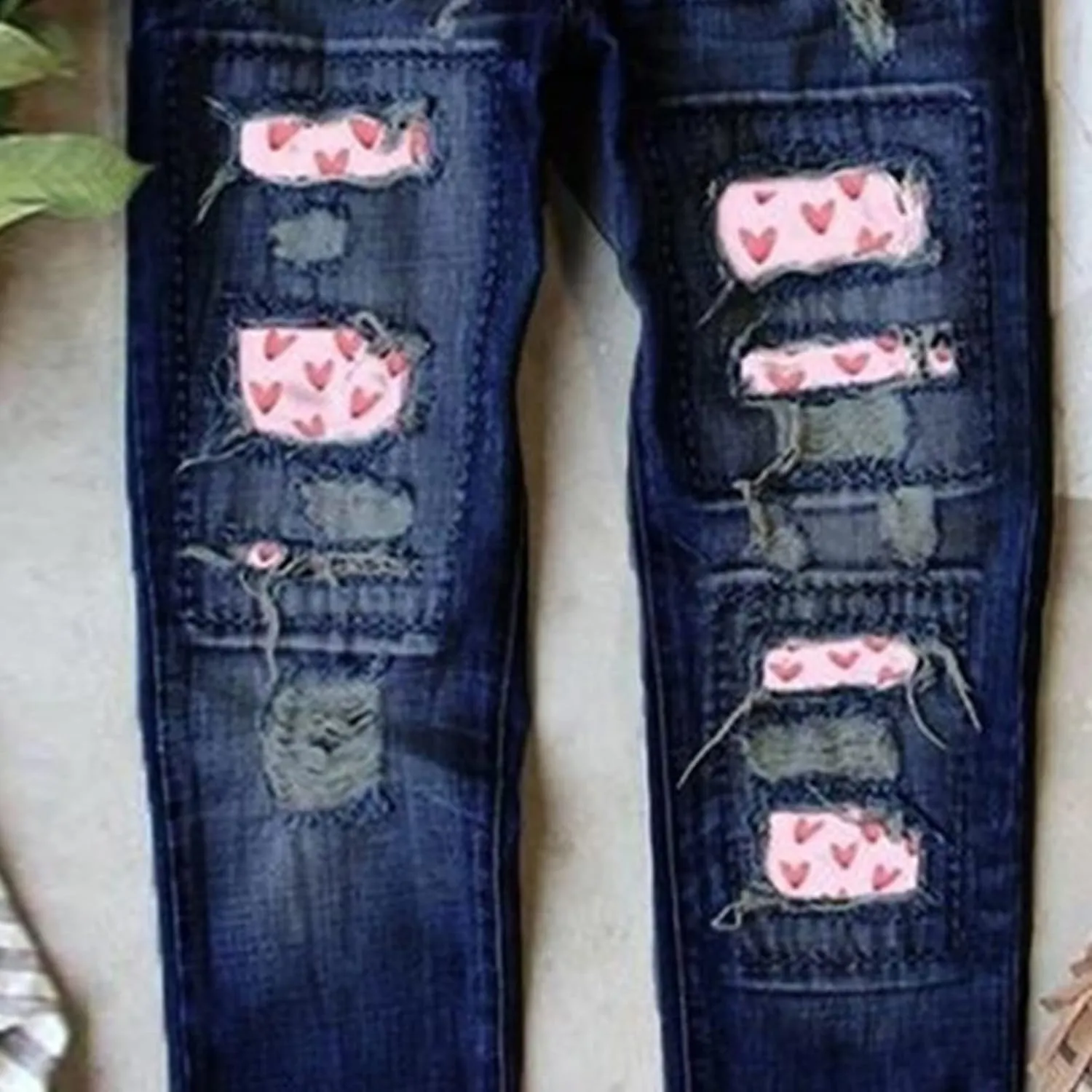 Boyfriend Jeans for Women Heart Patch Ripped Distressed Summer Straight Trousers Denim Pants