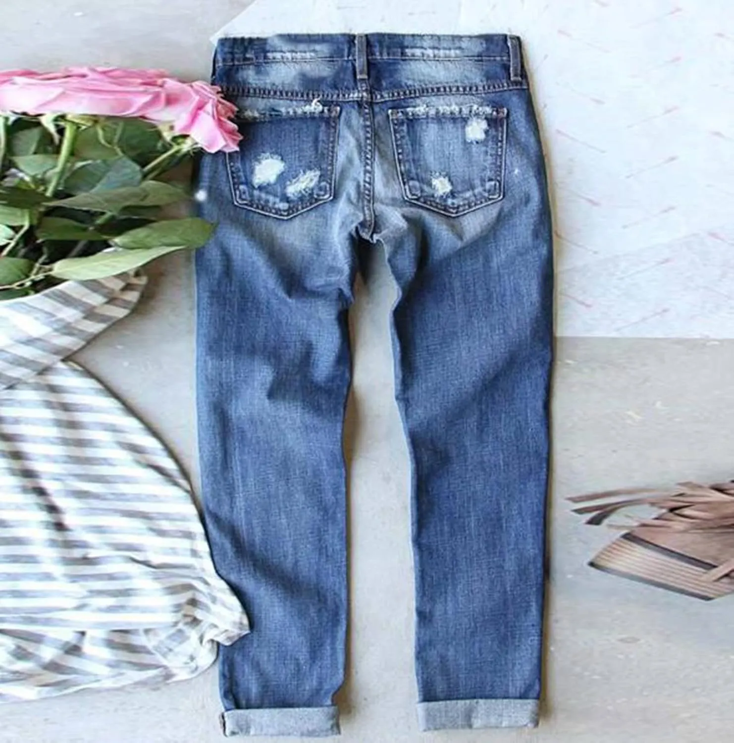 Boyfriend Jeans for Women Heart Patch Ripped Distressed Summer Straight Trousers Denim Pants