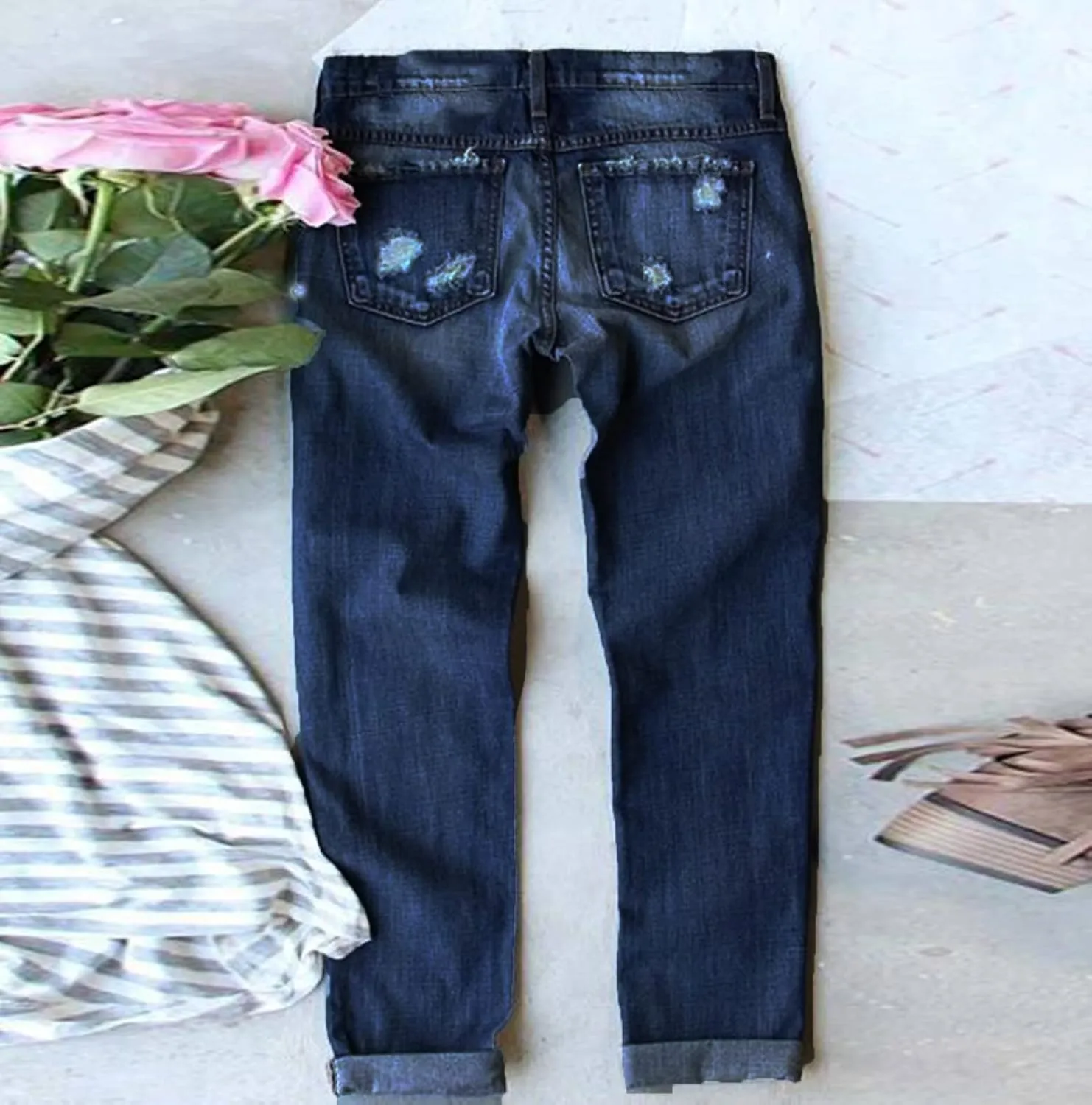 Boyfriend Jeans for Women Heart Patch Ripped Distressed Summer Straight Trousers Denim Pants