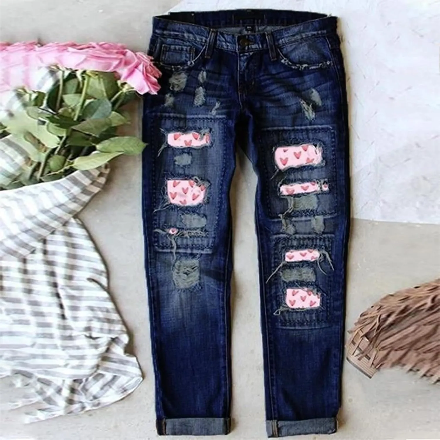 Boyfriend Jeans for Women Heart Patch Ripped Distressed Summer Straight Trousers Denim Pants