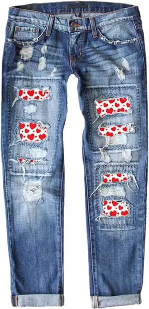 Boyfriend Jeans for Women Heart Patch Ripped Distressed Summer Straight Trousers Denim Pants