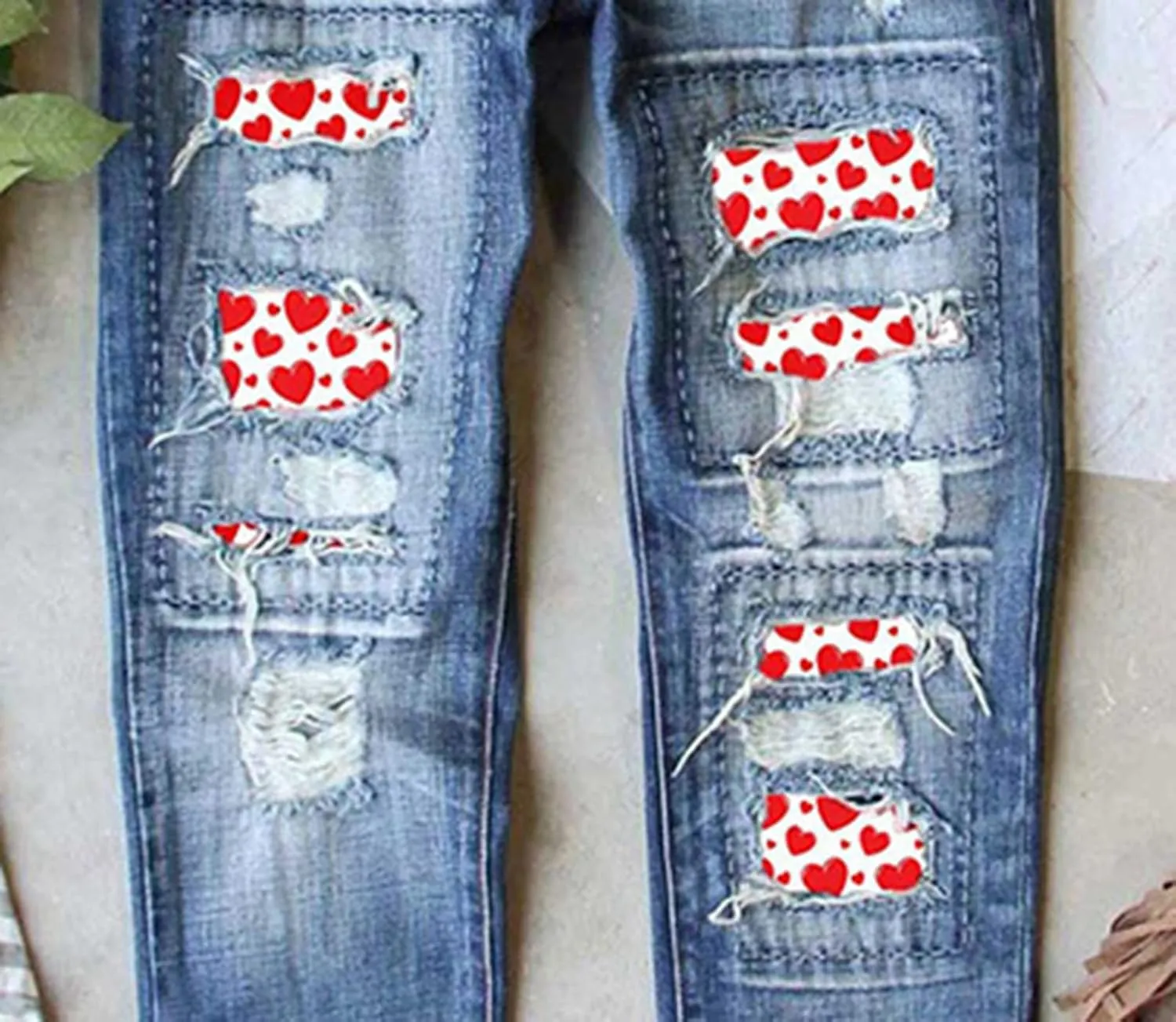 Boyfriend Jeans for Women Heart Patch Ripped Distressed Summer Straight Trousers Denim Pants