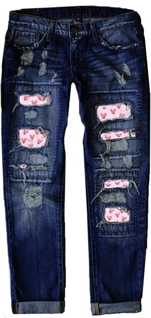 Boyfriend Jeans for Women Heart Patch Ripped Distressed Summer Straight Trousers Denim Pants