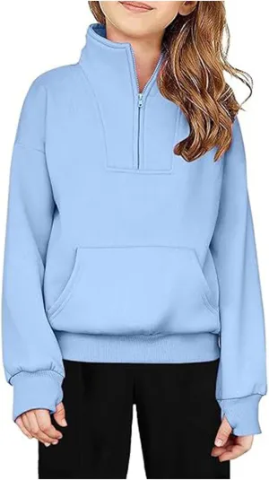 Boys Girls Sweatshirts Half Zip Pullover Fleece Cropped Fall Loose Outfits Long Sleeve Thumb Hole Shirts Kids