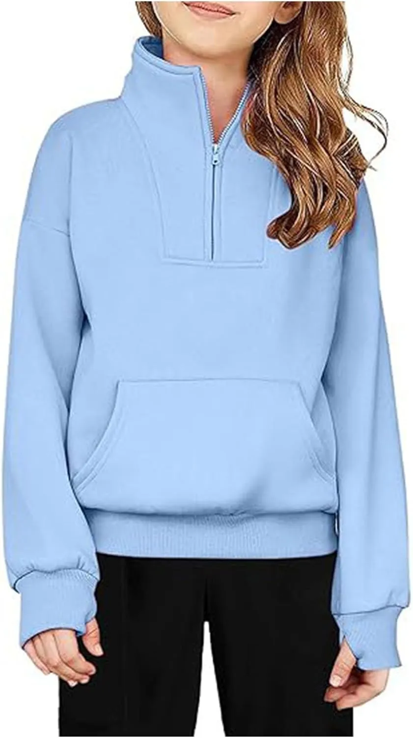 Boys Girls Sweatshirts Half Zip Pullover Fleece Cropped Fall Loose Outfits Long Sleeve Thumb Hole Shirts Kids