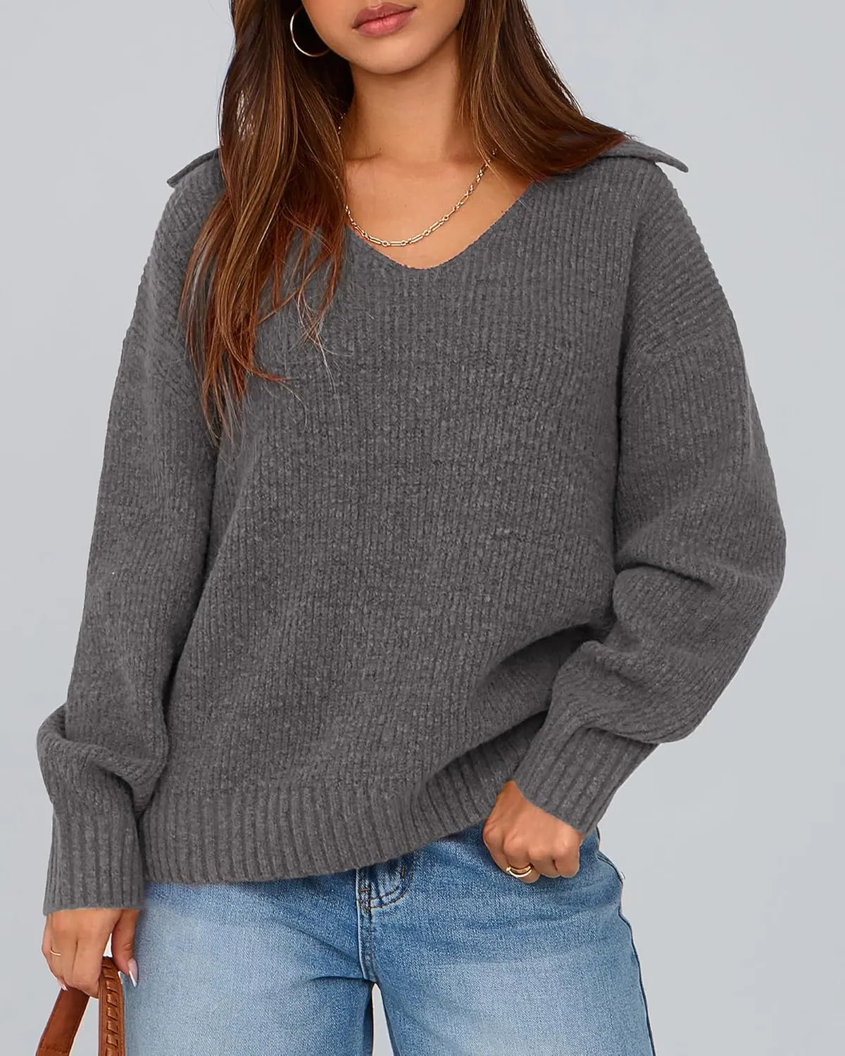 BTFBM Women's 2024 Fall Winter Sweaters Long Sleeve V Neck Lapel Collar Casual Pullover Oversized Knitted Jumper Tops