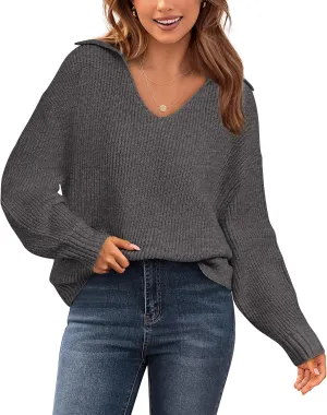 BTFBM Women's 2024 Fall Winter Sweaters Long Sleeve V Neck Lapel Collar Casual Pullover Oversized Knitted Jumper Tops
