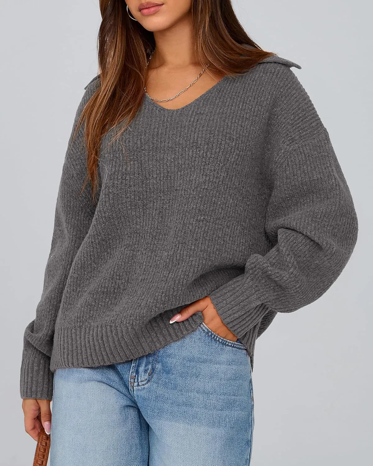 BTFBM Women's 2024 Fall Winter Sweaters Long Sleeve V Neck Lapel Collar Casual Pullover Oversized Knitted Jumper Tops