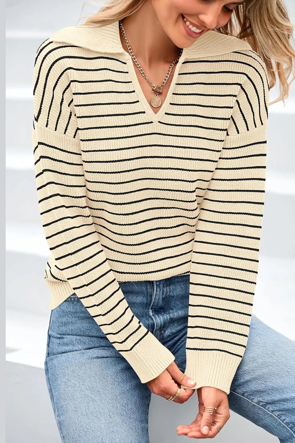 BTFBM Women's Striped Long Sleeve Sweater V Neck Lapel Collar 2024 Fall Winter Fashion Ribbed Knit Loose Pullover Tops