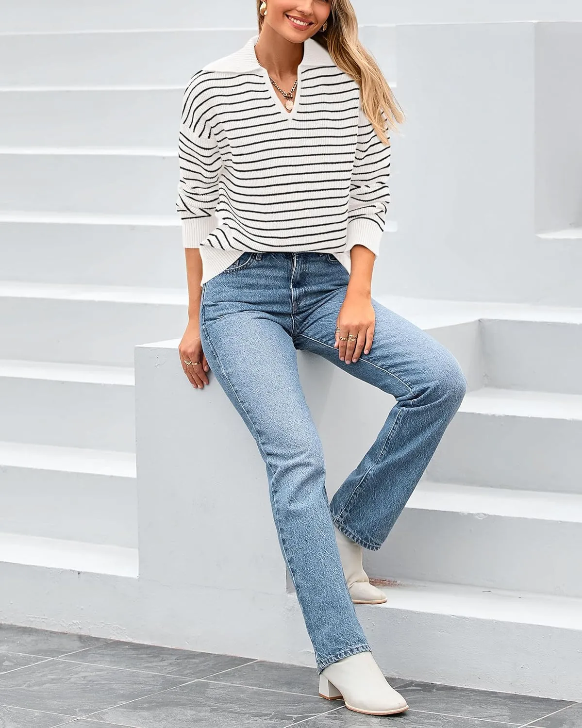 BTFBM Women's Striped Long Sleeve Sweater V Neck Lapel Collar 2024 Fall Winter Fashion Ribbed Knit Loose Pullover Tops