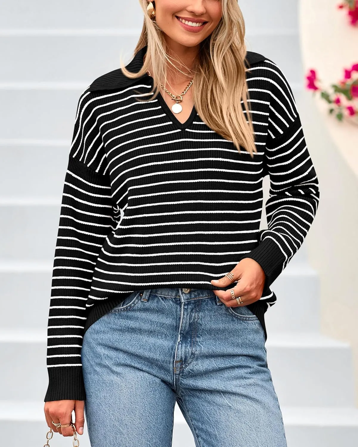BTFBM Women's Striped Long Sleeve Sweater V Neck Lapel Collar 2024 Fall Winter Fashion Ribbed Knit Loose Pullover Tops