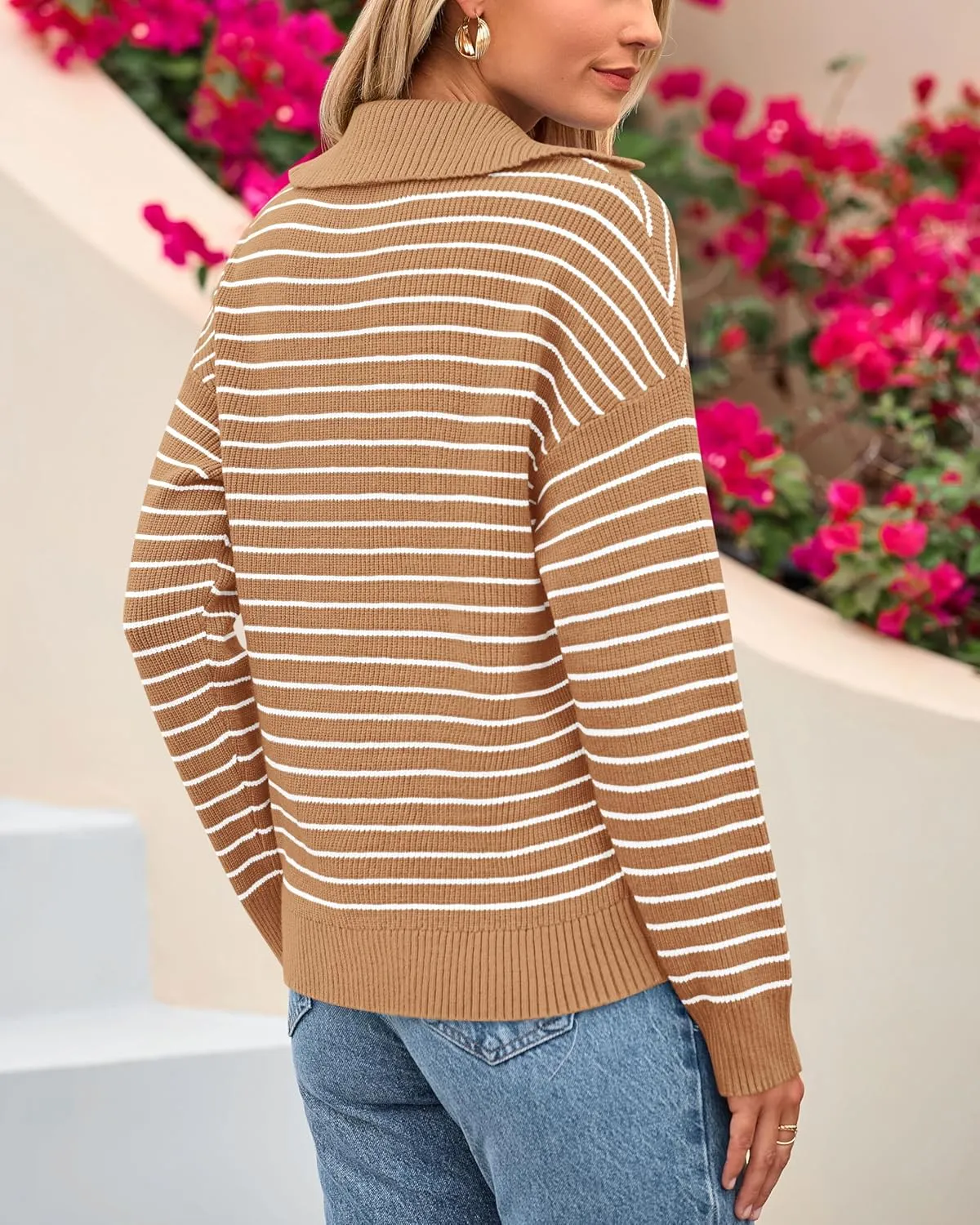 BTFBM Women's Striped Long Sleeve Sweater V Neck Lapel Collar 2024 Fall Winter Fashion Ribbed Knit Loose Pullover Tops