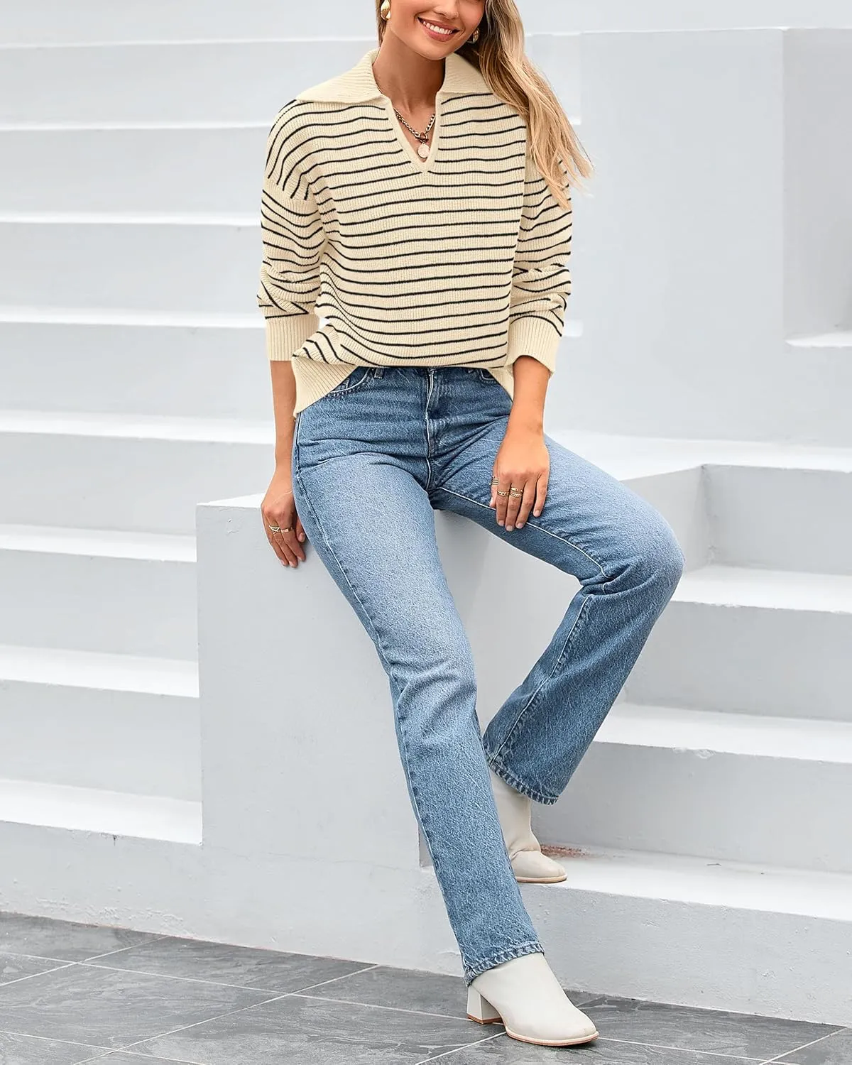 BTFBM Women's Striped Long Sleeve Sweater V Neck Lapel Collar 2024 Fall Winter Fashion Ribbed Knit Loose Pullover Tops