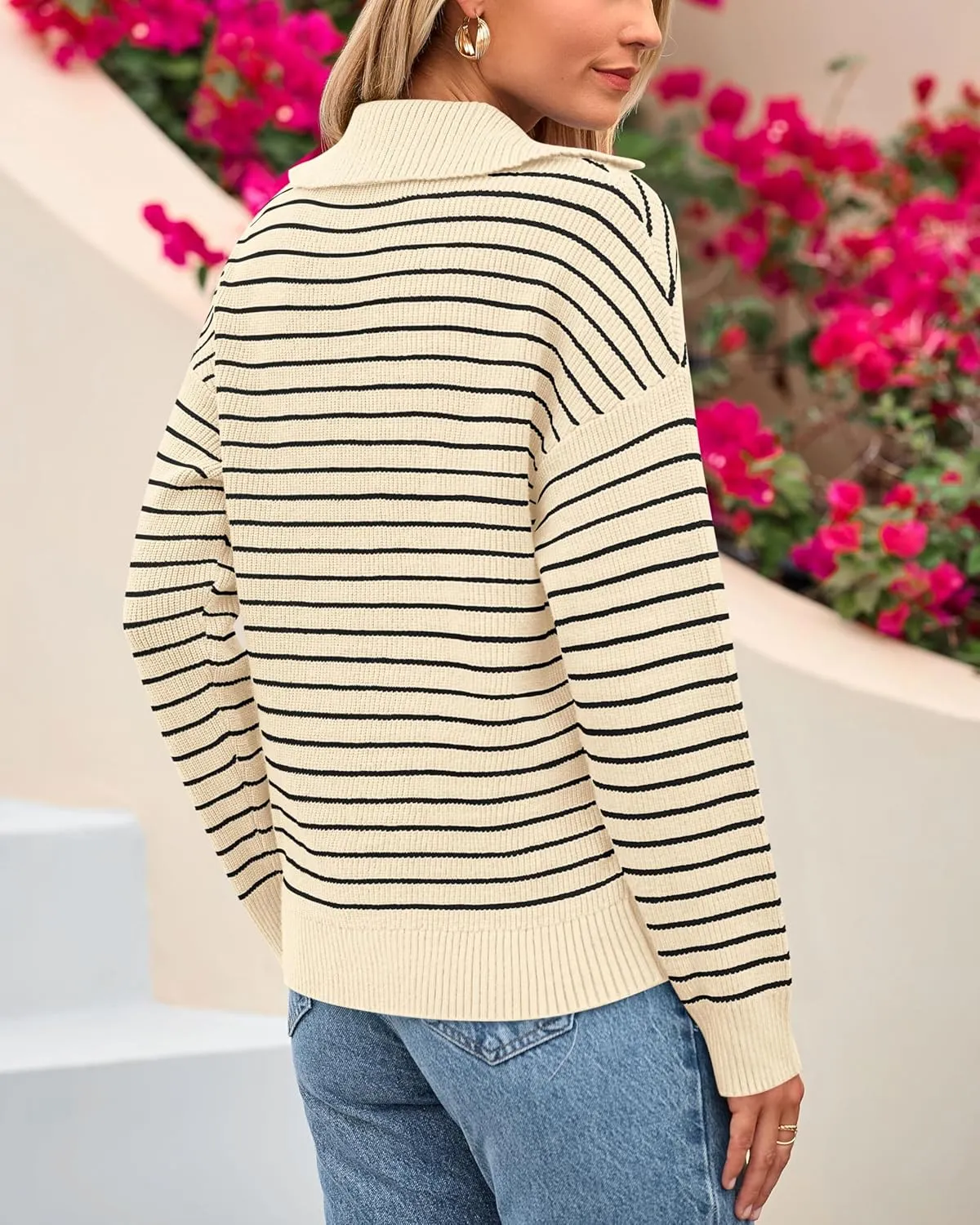 BTFBM Women's Striped Long Sleeve Sweater V Neck Lapel Collar 2024 Fall Winter Fashion Ribbed Knit Loose Pullover Tops