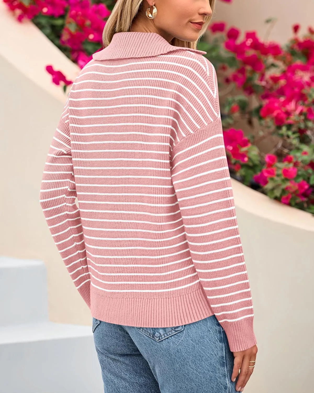 BTFBM Women's Striped Long Sleeve Sweater V Neck Lapel Collar 2024 Fall Winter Fashion Ribbed Knit Loose Pullover Tops