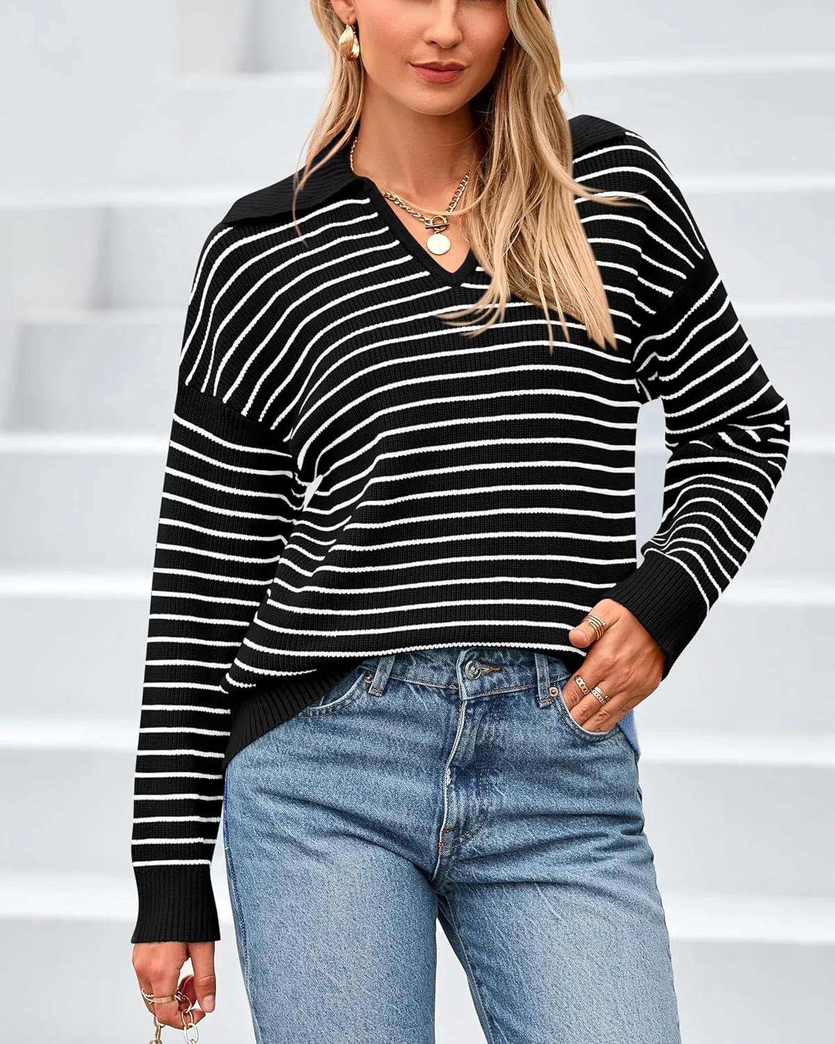 BTFBM Women's Striped Long Sleeve Sweater V Neck Lapel Collar 2024 Fall Winter Fashion Ribbed Knit Loose Pullover Tops