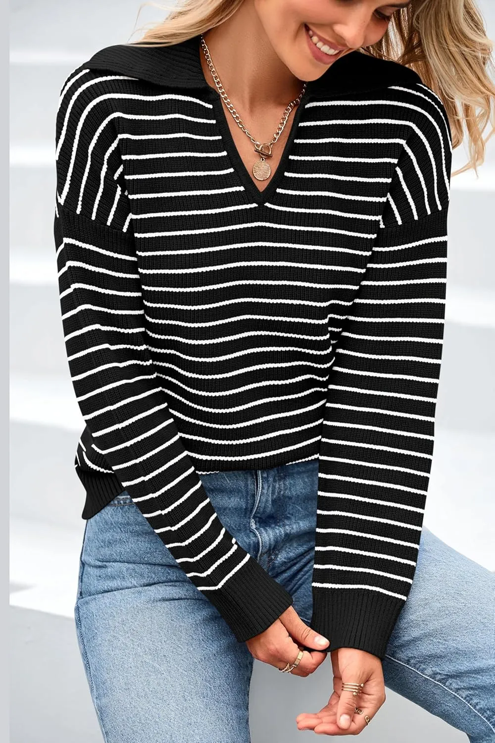 BTFBM Women's Striped Long Sleeve Sweater V Neck Lapel Collar 2024 Fall Winter Fashion Ribbed Knit Loose Pullover Tops