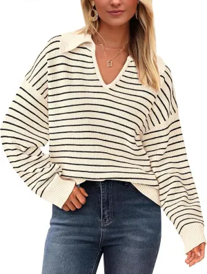 BTFBM Women's Striped Long Sleeve Sweater V Neck Lapel Collar 2024 Fall Winter Fashion Ribbed Knit Loose Pullover Tops