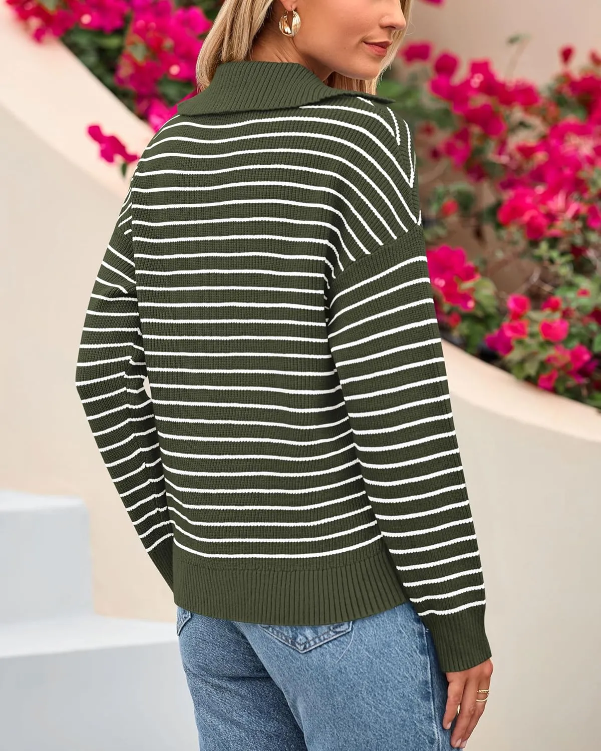 BTFBM Women's Striped Long Sleeve Sweater V Neck Lapel Collar 2024 Fall Winter Fashion Ribbed Knit Loose Pullover Tops
