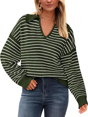 BTFBM Women's Striped Long Sleeve Sweater V Neck Lapel Collar 2024 Fall Winter Fashion Ribbed Knit Loose Pullover Tops
