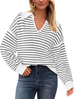 BTFBM Women's Striped Long Sleeve Sweater V Neck Lapel Collar 2024 Fall Winter Fashion Ribbed Knit Loose Pullover Tops
