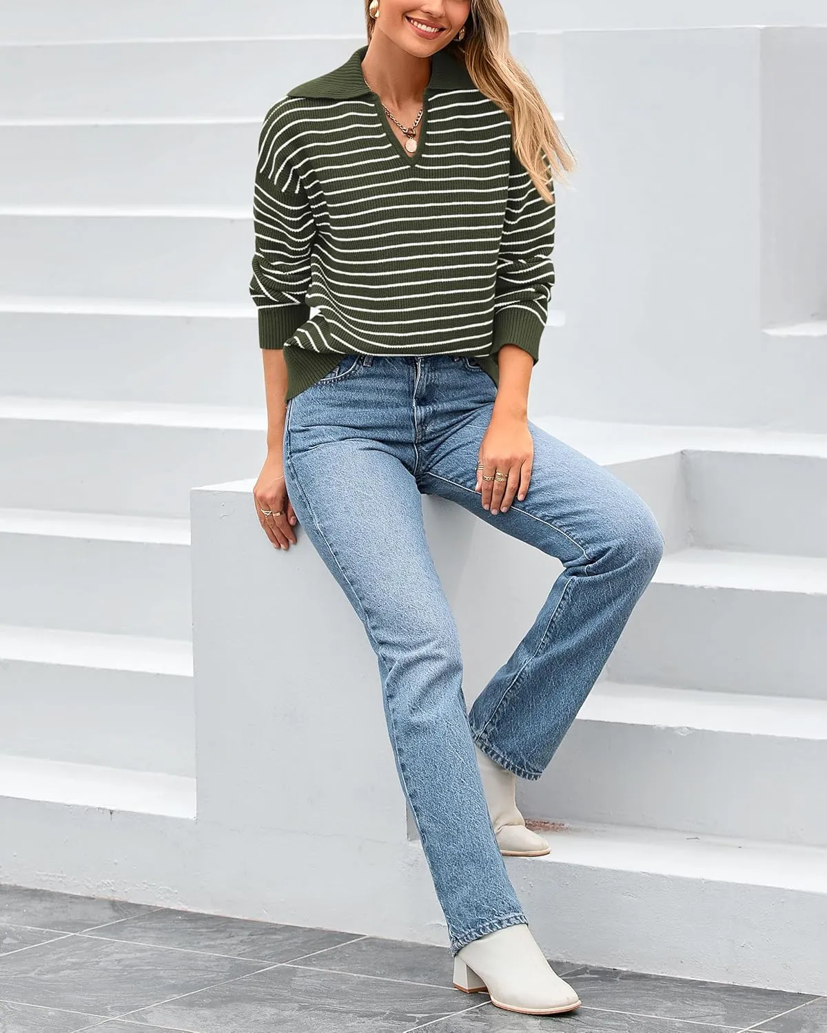 BTFBM Women's Striped Long Sleeve Sweater V Neck Lapel Collar 2024 Fall Winter Fashion Ribbed Knit Loose Pullover Tops