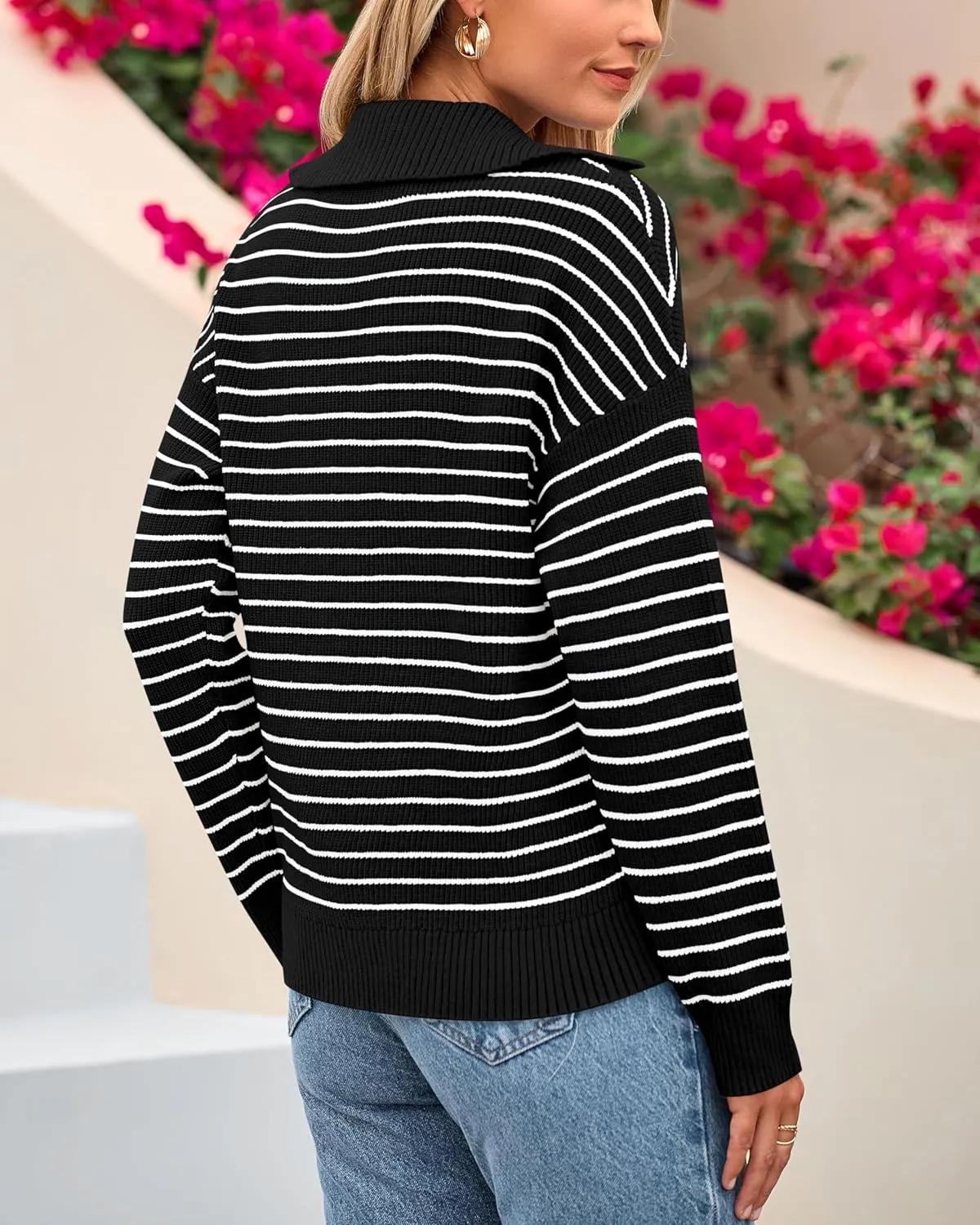 BTFBM Women's Striped Long Sleeve Sweater V Neck Lapel Collar 2024 Fall Winter Fashion Ribbed Knit Loose Pullover Tops