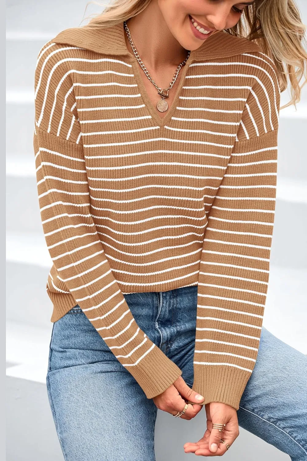 BTFBM Women's Striped Long Sleeve Sweater V Neck Lapel Collar 2024 Fall Winter Fashion Ribbed Knit Loose Pullover Tops