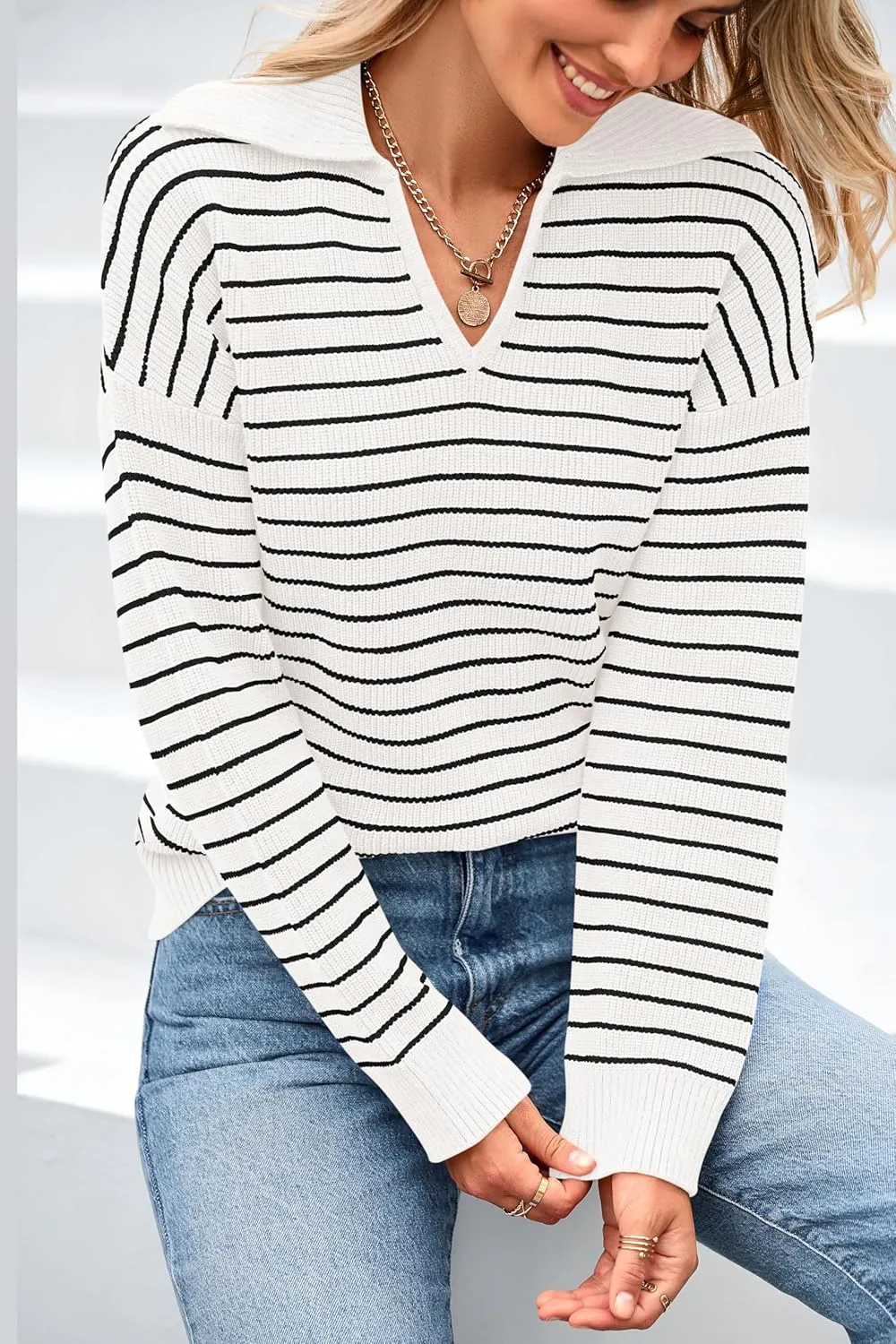 BTFBM Women's Striped Long Sleeve Sweater V Neck Lapel Collar 2024 Fall Winter Fashion Ribbed Knit Loose Pullover Tops
