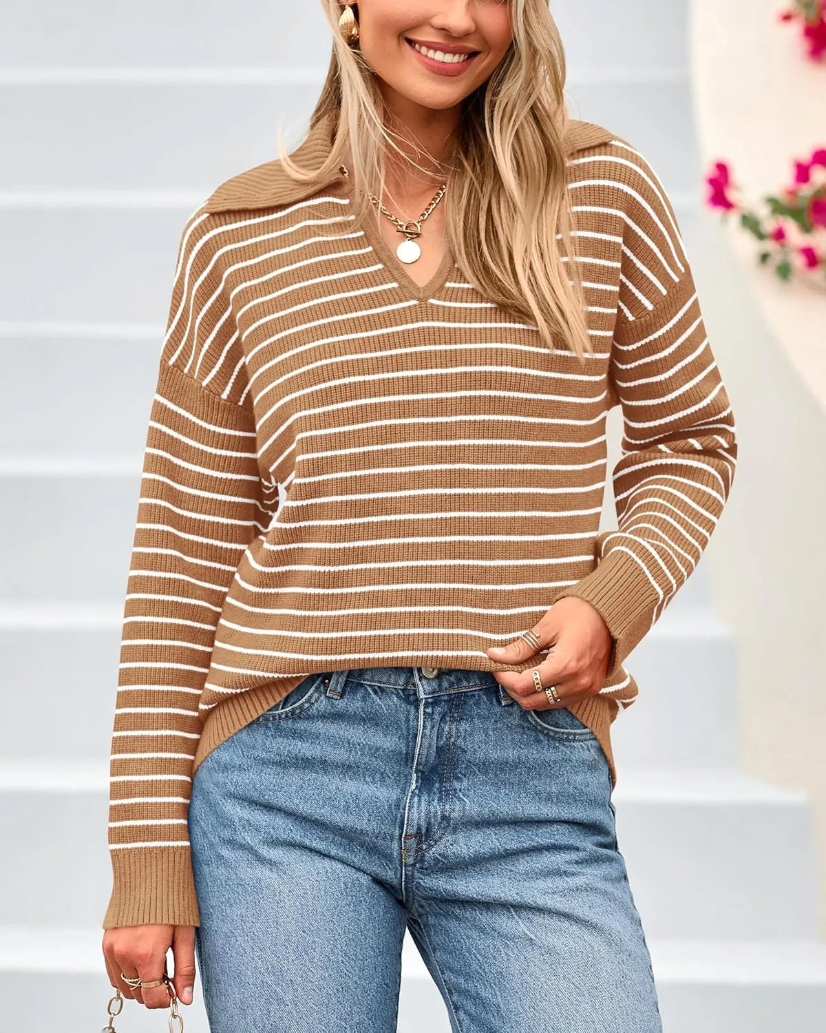 BTFBM Women's Striped Long Sleeve Sweater V Neck Lapel Collar 2024 Fall Winter Fashion Ribbed Knit Loose Pullover Tops