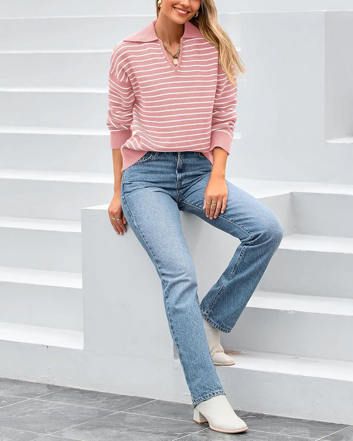 BTFBM Women's Striped Long Sleeve Sweater V Neck Lapel Collar 2024 Fall Winter Fashion Ribbed Knit Loose Pullover Tops