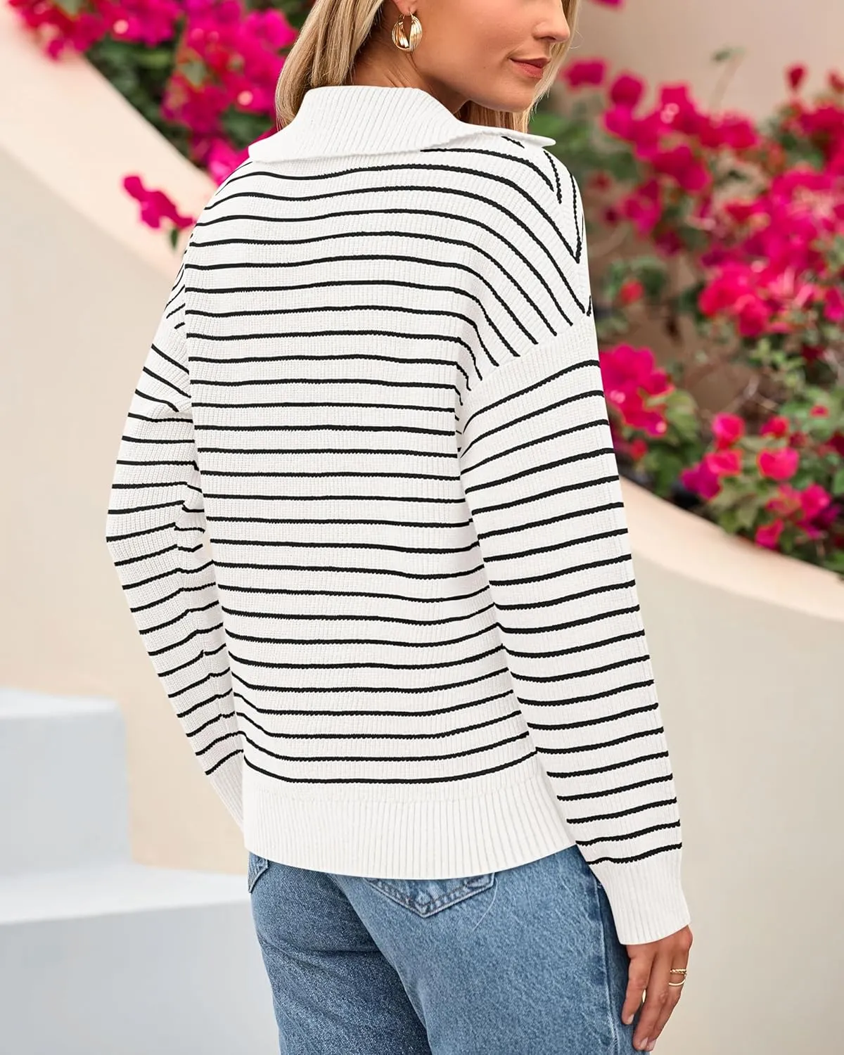BTFBM Women's Striped Long Sleeve Sweater V Neck Lapel Collar 2024 Fall Winter Fashion Ribbed Knit Loose Pullover Tops