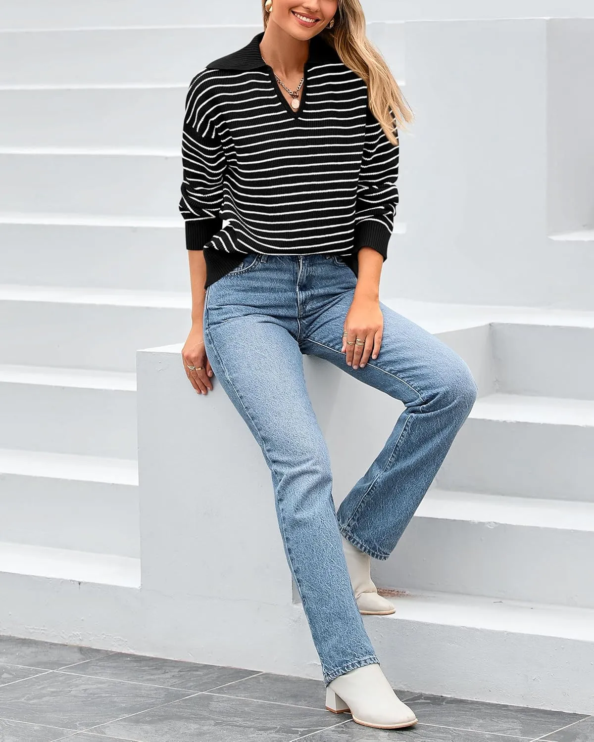 BTFBM Women's Striped Long Sleeve Sweater V Neck Lapel Collar 2024 Fall Winter Fashion Ribbed Knit Loose Pullover Tops