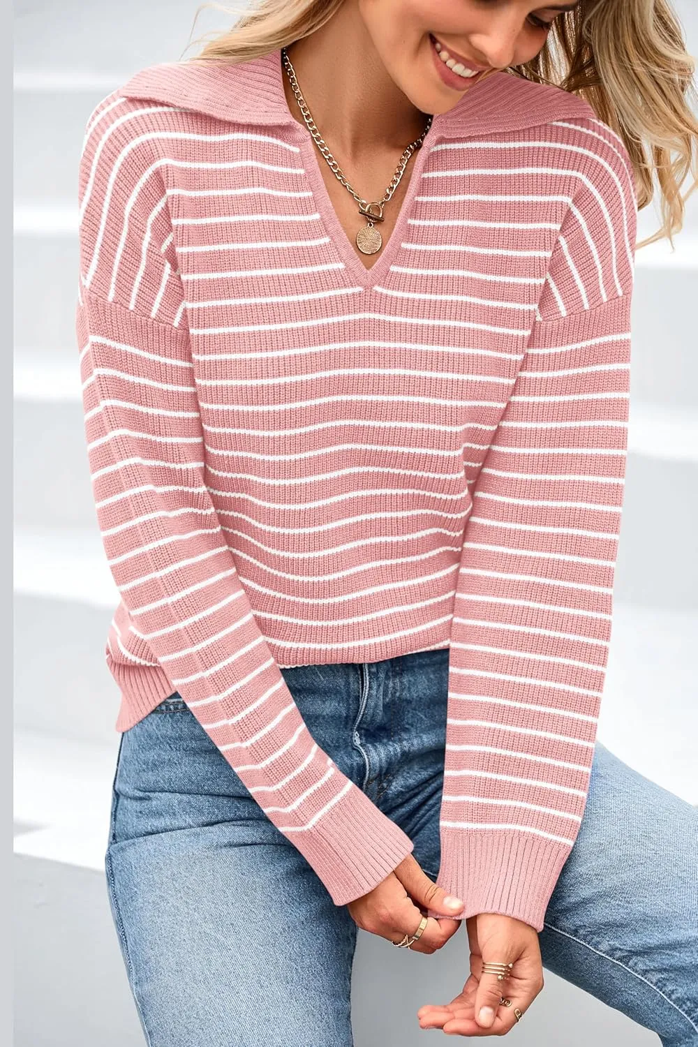 BTFBM Women's Striped Long Sleeve Sweater V Neck Lapel Collar 2024 Fall Winter Fashion Ribbed Knit Loose Pullover Tops