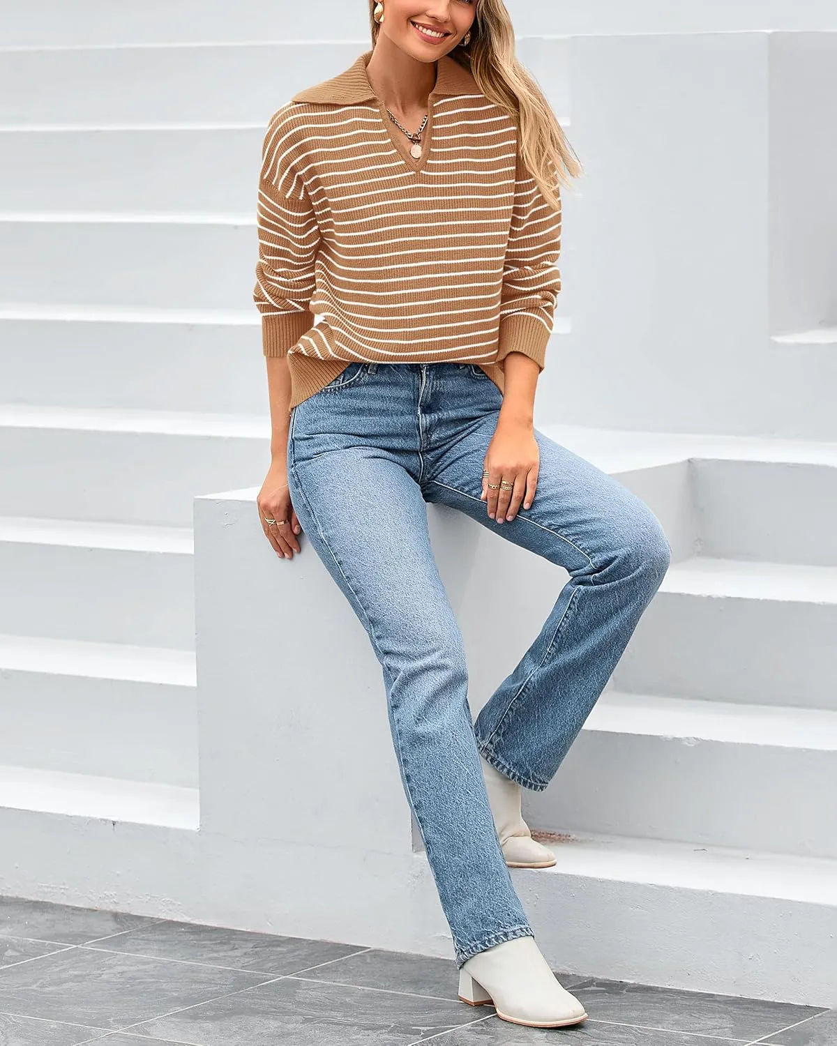 BTFBM Women's Striped Long Sleeve Sweater V Neck Lapel Collar 2024 Fall Winter Fashion Ribbed Knit Loose Pullover Tops