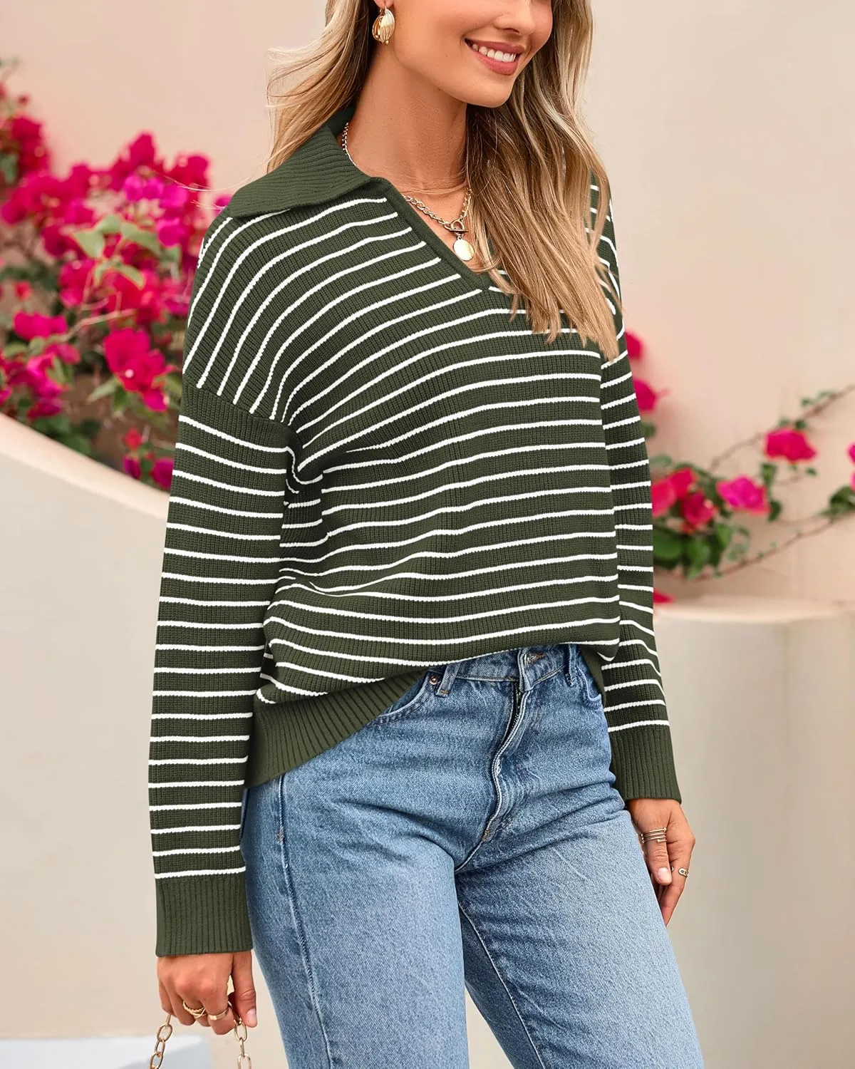 BTFBM Women's Striped Long Sleeve Sweater V Neck Lapel Collar 2024 Fall Winter Fashion Ribbed Knit Loose Pullover Tops
