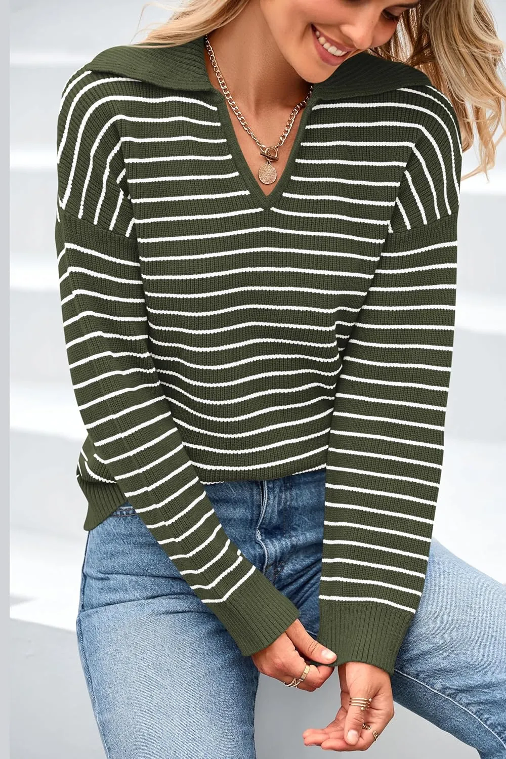 BTFBM Women's Striped Long Sleeve Sweater V Neck Lapel Collar 2024 Fall Winter Fashion Ribbed Knit Loose Pullover Tops
