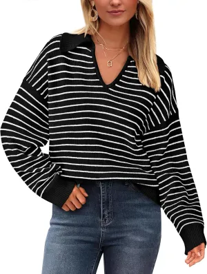 BTFBM Women's Striped Long Sleeve Sweater V Neck Lapel Collar 2024 Fall Winter Fashion Ribbed Knit Loose Pullover Tops