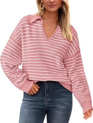 BTFBM Women's Striped Long Sleeve Sweater V Neck Lapel Collar 2024 Fall Winter Fashion Ribbed Knit Loose Pullover Tops