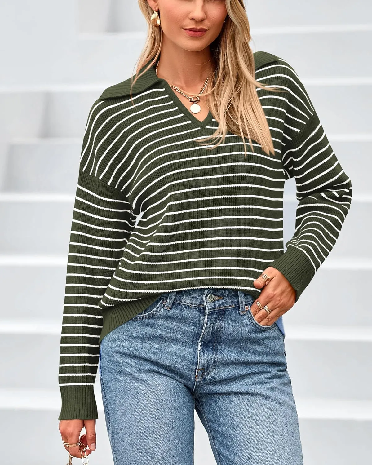 BTFBM Women's Striped Long Sleeve Sweater V Neck Lapel Collar 2024 Fall Winter Fashion Ribbed Knit Loose Pullover Tops