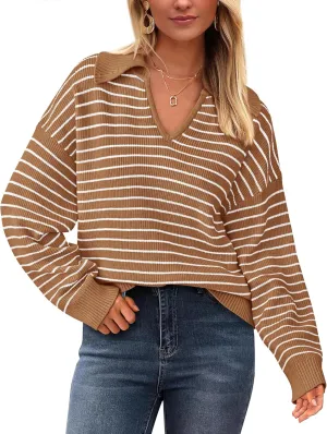 BTFBM Women's Striped Long Sleeve Sweater V Neck Lapel Collar 2024 Fall Winter Fashion Ribbed Knit Loose Pullover Tops
