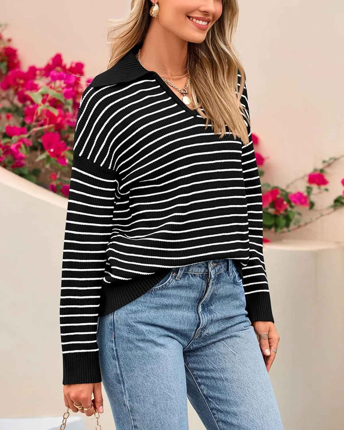 BTFBM Women's Striped Long Sleeve Sweater V Neck Lapel Collar 2024 Fall Winter Fashion Ribbed Knit Loose Pullover Tops