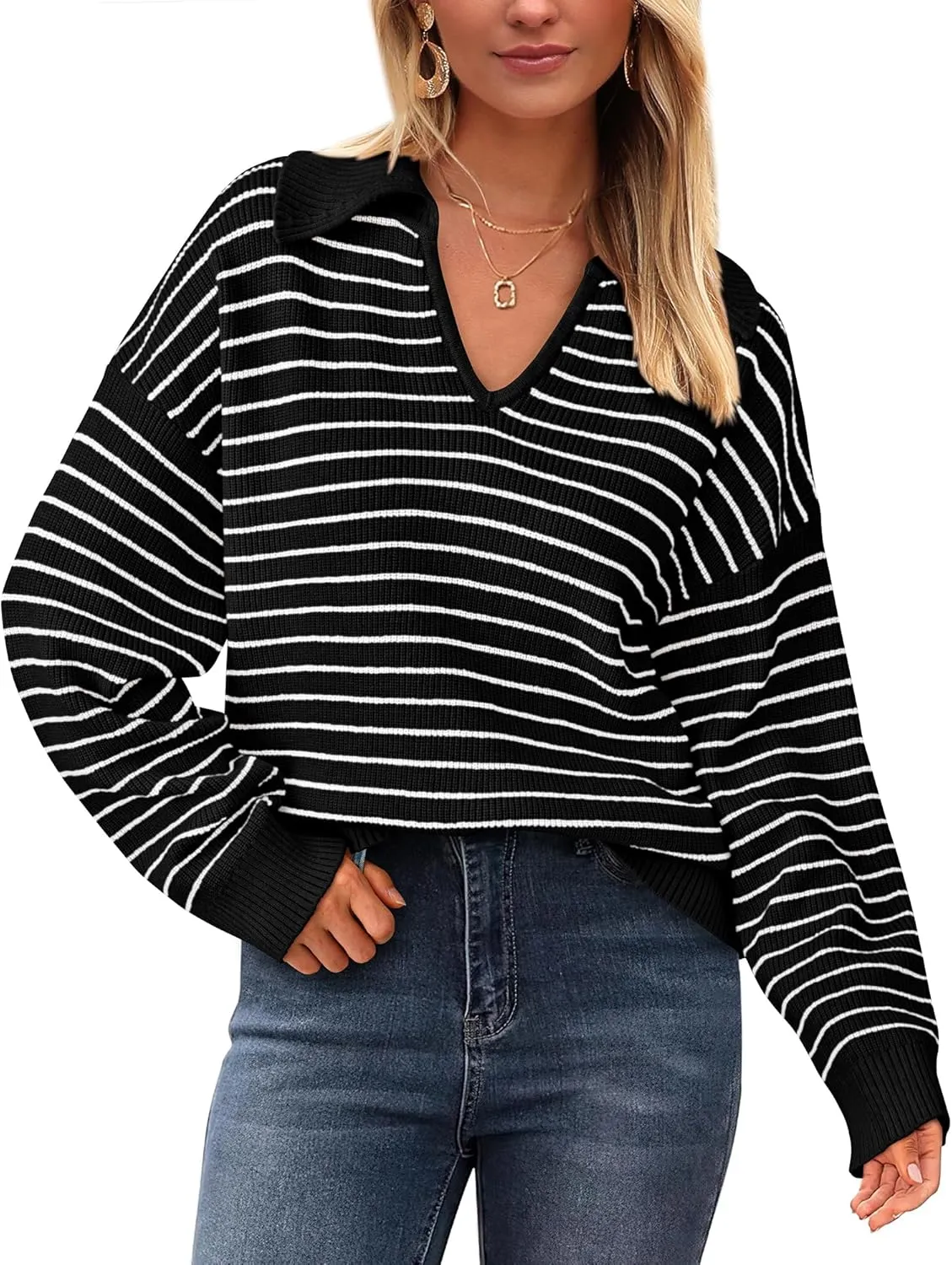 BTFBM Women's Striped Long Sleeve Sweater V Neck Lapel Collar 2024 Fall Winter Fashion Ribbed Knit Loose Pullover Tops